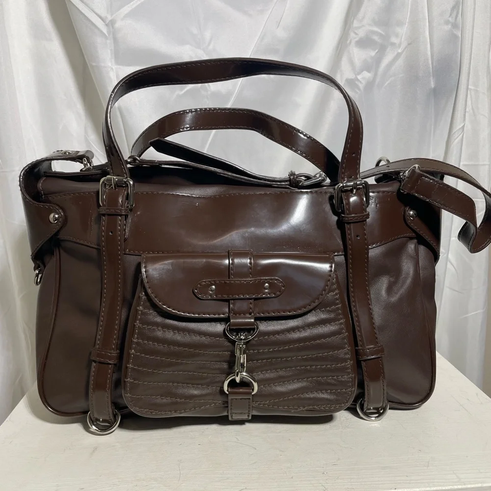 VIA SPIGA TALIA EAST WEST TOTE/Laptop in Dark Brown Patent and Smooth Leather